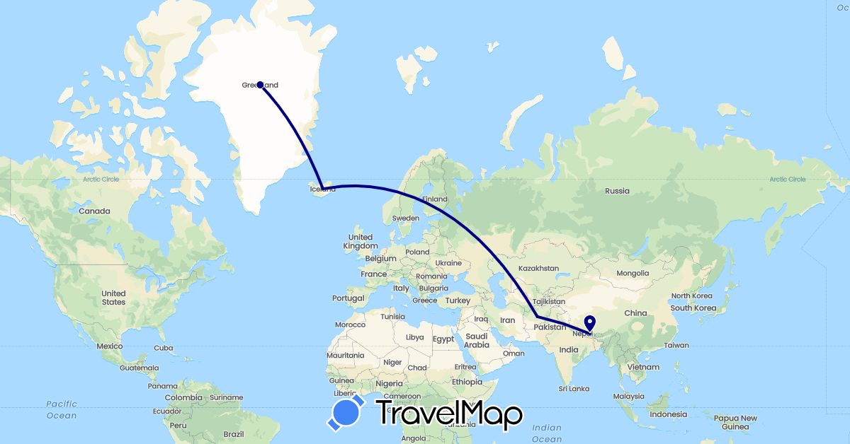 TravelMap itinerary: driving in Afghanistan, Greenland, Iceland, Nepal (Asia, Europe, North America)